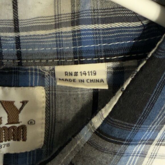 Ely Cattleman Mens Long Sleeve Pearl Snap Western Shirt L Blue Black Plaid - Picture 9 of 15